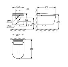 Technische Zeichnung eines wandhängenden WCs mit Bemaßung