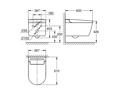 Technische Zeichnung eines wandhängenden WCs mit Bemaßung