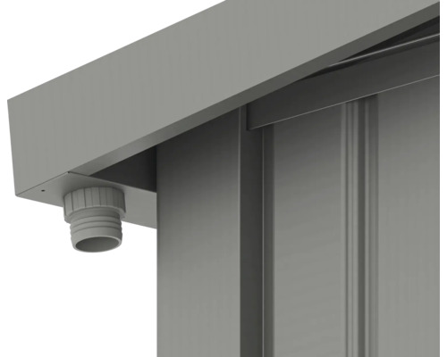 Detailansicht einer grauen Gerätehaus-Konstruktion mit Wasserablauf