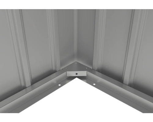 Detailansicht einer Eckverbindung aus Metall für Gartenhaus oder Geräteschuppen.