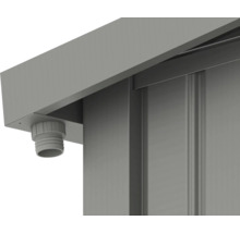 Detailaufnahme eines grauen Abflussrohrs an einem grauen Bauelement