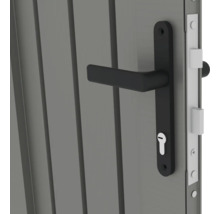 Nahaufnahme einer grauen Tür mit schwarzem Türgriff und Schloss