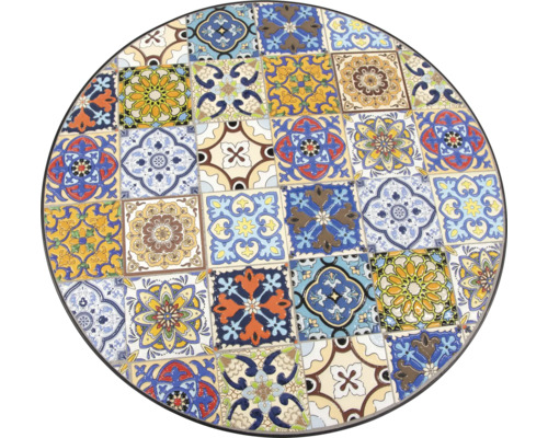 Runde Tischplatte mit Mosaikmuster aus quadratischen Fliesen