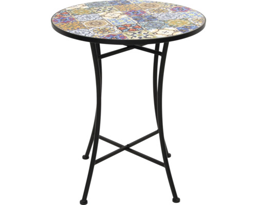 Runder Stehtisch mit Mosaikmuster auf der Tischplatte und einem Gestell aus Metall.