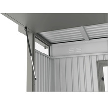 Detailansicht einer Metallgartenbox mit Öffnungsmechanismus