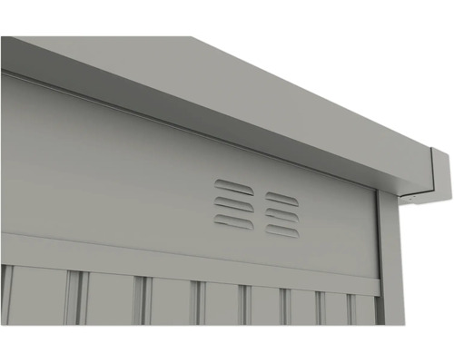 Detailansicht einer Metallgartenbox mit Lüftungsschlitzen