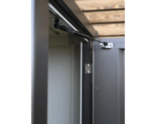 Detailansicht einer Gasdruckfeder an einem Geräteschrank.