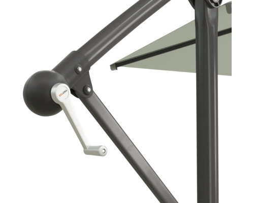 Detailansicht eines Sonnenschirms mit Kurbelmechanismus und Soluna Logo.