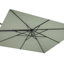 Ansicht des Sonnenschirms von unten mit Metallgestell und Schirmdach