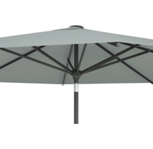 Detailansicht eines grauen Sonnenschirms mit Stahlgestell