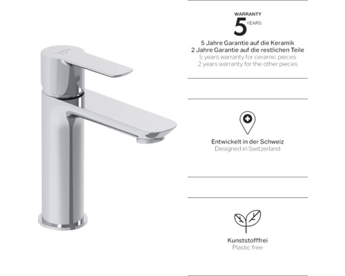 Waschtischarmatur aus Metall mit fünf Jahren Garantie auf Keramik und zwei Jahren Garantie auf andere Teile