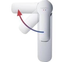 Laufen Logo. Mischbatterie mit Warm-Kalt-Markierung und einem Pfeil, der die Bewegung des Hebels darstellt.