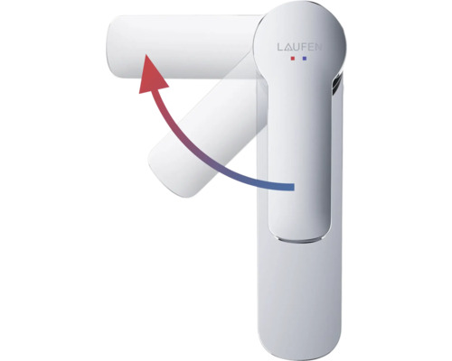 Laufen Logo. Mischbatterie mit Warm-Kalt-Markierung und einem Pfeil, der die Bewegung des Hebels darstellt.