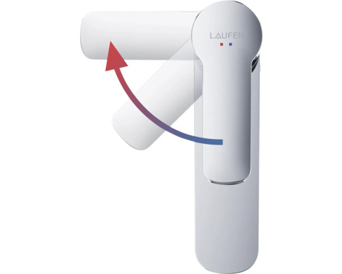 Wasserhahn mit Temperaturbereichsanzeige und Laufen Logo