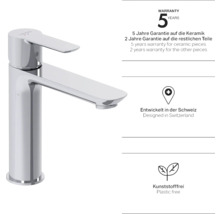 Waschtischarmatur mit Garantieinformationen und Hinweisen zu Design und Material