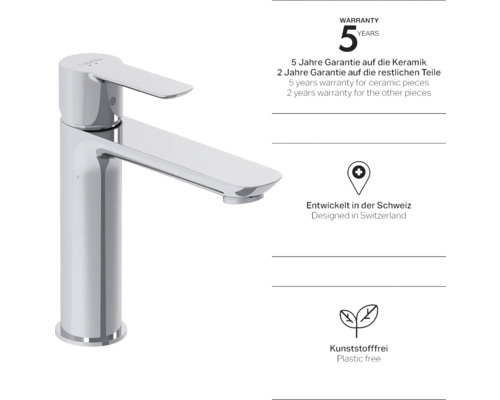 Waschtischarmatur mit Garantieinformationen und Hinweisen zu Design und Material