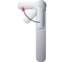 Laufen Logo auf einer Armatur mit einem roten Pfeil, der die Bewegung des Hebels darstellt