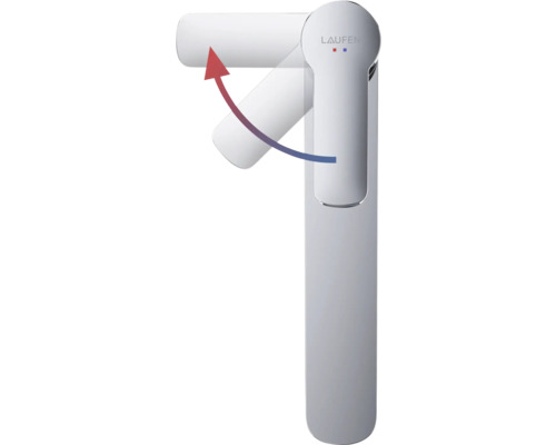 Laufen Logo auf einer Armatur mit einem roten Pfeil, der die Bewegung des Hebels darstellt