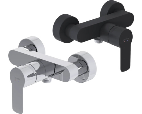 Zwei Waschtischarmaturen von Laufen, eine verchromt und eine in dunkler Ausführung