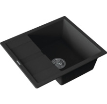 Schwarze Einbauspüle mit Abtropffläche und Edelstahl-Ablaufgarnitur