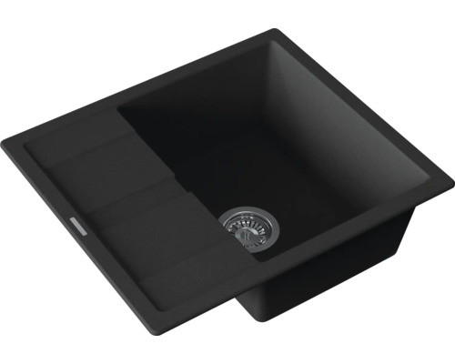 Schwarze Einbauspüle mit Abtropffläche und Edelstahl-Ablaufgarnitur