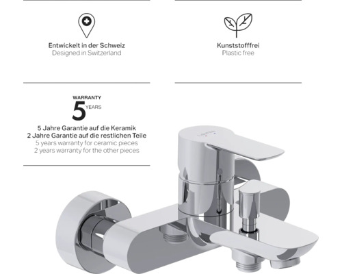Entwickelt in der Schweiz Siegel. Fünf Jahre Garantie auf Keramik. Kunststofffrei Siegel.