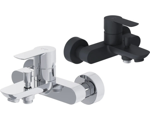 Zwei Badarmaturen für die Wandmontage, eine in Schwarz und eine in Chrom