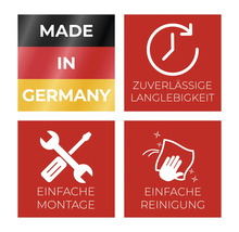 Symbole für Hergestellt in Deutschland, Zuverlässigkeit, Langlebigkeit, einfache Montage und einfache Reinigung