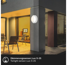 Leuchtende Außenwandleuchte mit Dämmerungssensor an einer Gebäudefassade