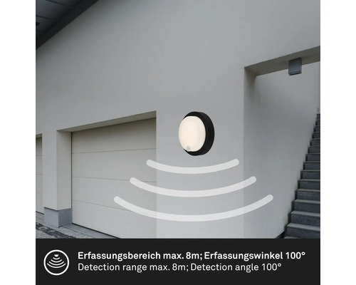 Wandleuchte mit Bewegungsmelder, Erfassungsbereich maximal 8 Meter, Erfassungswinkel 100 Grad