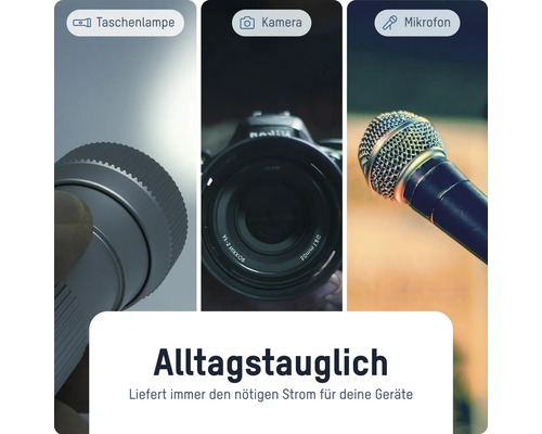 Taschenlampe, Kamera und Mikrofon als Beispiele für Geräte, die mit Strom versorgt werden müssen