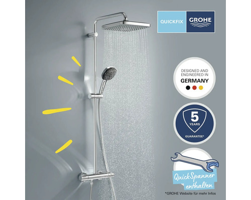 Grohe Quickfix Duschsystem mit Kopf- und Handbrause sowie Thermostatarmatur. Grohe Logo. Hergestellt in Deutschland. Fünf Jahre Garantie. Inklusive Montageschlüssel.