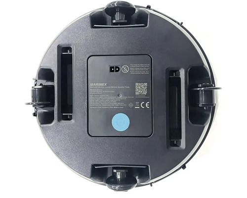 Unterseite eines Staubsaugerroboters mit Rädern und einem Batteriefach