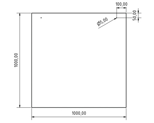 Quadratische Platte mit den Maßen 1000 mal 1000 Millimeter und einem Bohrloch mit fünf Millimeter Durchmesser.