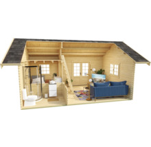 Innenansicht eines Holzhauses mit Badezimmer, Schlafzimmer und Wohnzimmer