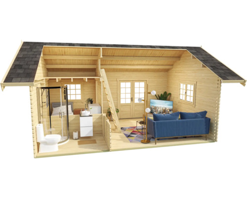 Querschnitt eines Holzhauses mit Bad, Schlafzimmer und Wohnzimmer.