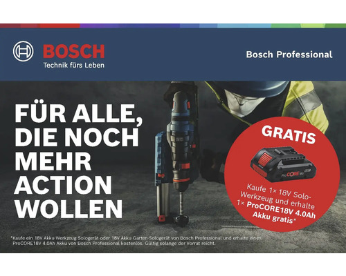 Bosch Professional Aktion: Beim Kauf eines 18 Volt Solo-Werkzeugs gibt es einen ProCORE18V 4.0Ah Akku gratis.