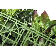 Detailaufnahme einer künstlichen Hecke mit grünen Blättern und einem grünen Kunststoffgitter