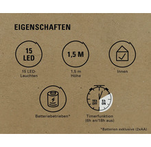 Eigenschaften: 15 LEDs, 1,5 Meter Höhe, Innenbereich, Batteriebetrieb, Timerfunktion