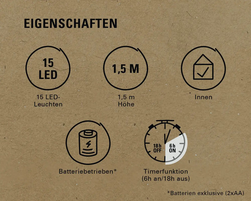 Eigenschaften: 15 LEDs, 1,5 Meter Höhe, Innenbereich, Batteriebetrieb, Timerfunktion