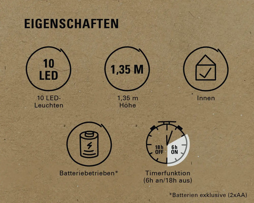 Produktmerkmale: 10 LEDs, 1,35 Meter Höhe, geeignet für den Innenbereich, batteriebetrieben, Timerfunktion mit 6 Stunden ein und 18 Stunden aus