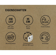 Eigenschaften: 240 LEDs, 95 cm Höhe, für Innen- und Außenbereich, Netzstecker, Timerfunktion sechs Stunden an und 18 Stunden aus, dimmbar