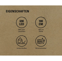Eigenschaften: 690 LEDs, 180 Zentimeter Höhe, geeignet für Innen und Außen, Stromstecker