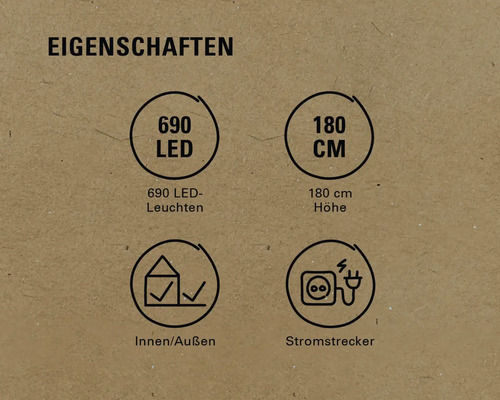 Eigenschaften: 690 LEDs, 180 Zentimeter Höhe, geeignet für Innen und Außen, Stromstecker