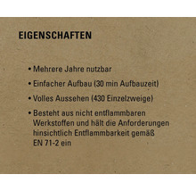 Eigenschaften: Mehrere Jahre nutzbar, einfacher Aufbau in 30 Minuten, volles Aussehen durch 430 Zweige, besteht aus nicht entflammbaren Werkstoffen gemäß EN 71-2.