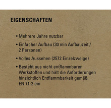 Eigenschaften: Mehrere Jahre nutzbar, einfacher Aufbau, volles Aussehen, besteht aus nicht entflammbaren Werkstoffen und hält die Anforderungen hinsichtlich Entflammbarkeit gemäß EN 71-2 ein.