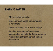 Eigenschaften: Mehrere Jahre nutzbar, einfacher Aufbau, volles Aussehen, besteht aus nicht entflammbaren Werkstoffen und entspricht EN 71-2