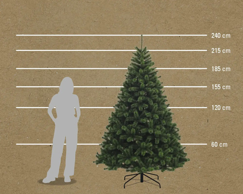 Illustration eines künstlichen Weihnachtsbaums mit Größenangaben in Zentimetern