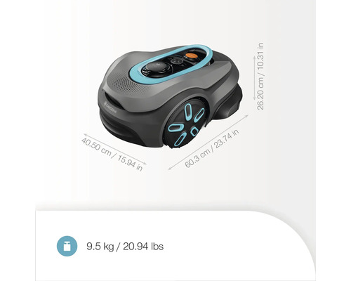 Gardena Mähroboter mit den Maßen 40,50 cm mal 60,3 cm mal 26,20 cm und einem Gewicht von 9,5 kg.
