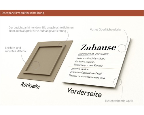 Decopanel mit dem Text Zuhause, Ansicht der Vorder- und Rückseite